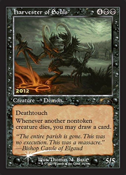 Magic: The Gathering card titled 'Harvester of Souls [30th Anniversary Promos],' a rare Creature — Demon with black-themed borders. It depicts a menacing, dark demon wielding scythes in a gloomy setting. The card costs 4 black mana and 2 generic mana, featuring deathtouch and allowing card draws when nontoken creatures die. Power/toughness 5/5.