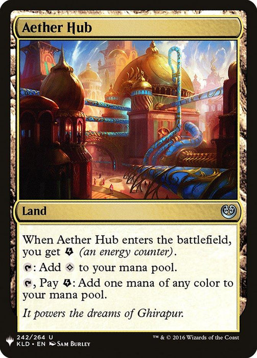 A digital card from the game Magic: The Gathering, titled "Aether Hub [Mystery Booster]." It features ornate, golden structures with blue energy conduits. Text: "When Aether Hub [Mystery Booster] enters the battlefield, you get ◇ (an energy counter). Tap: Add ◇ to your mana pool. Tap, Pay ◇: Add one mana of any color to your mana pool." Perfect for a Mystery