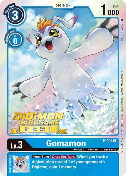 Introducing the Gomamon [P-004] promotional card from the Digimon Card Game Fest 2022. This card features Gomamon, depicted as a white, seal-like creature with red hair, sharp claws, and purple markings on its fins. The card includes details such as its level (Lv.3), type (Rookie), and attributes (Vaccine, Sea Animal). Enhance your collection with this unique addition to the Digimon brand series!