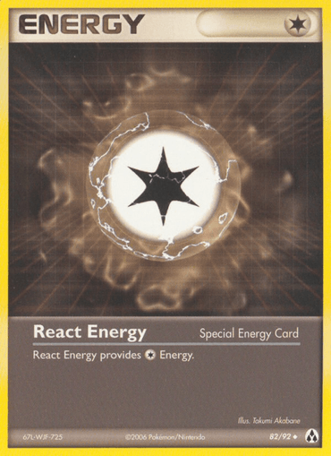 A Pokémon trading card titled "React Energy (82/92) [EX: Legend Maker]" from the Pokémon series. This Uncommon card features an energy symbol in the center, resembling a starburst within a glowing white orb. The background has a brown and black ripple effect. Below the image, the text reads: "React Energy provides Colorless Energy." The card is framed in yellow.