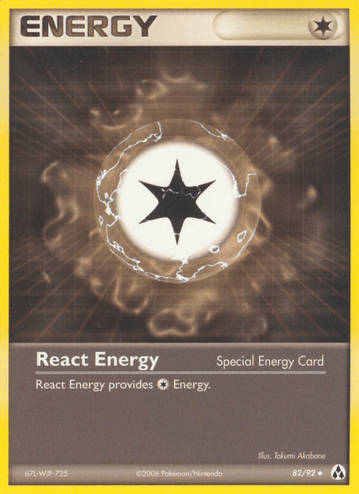 A Pokémon trading card titled "React Energy (82/92) [EX: Legend Maker]" from the Pokémon series. This Uncommon card features an energy symbol in the center, resembling a starburst within a glowing white orb. The background has a brown and black ripple effect. Below the image, the text reads: "React Energy provides Colorless Energy." The card is framed in yellow.