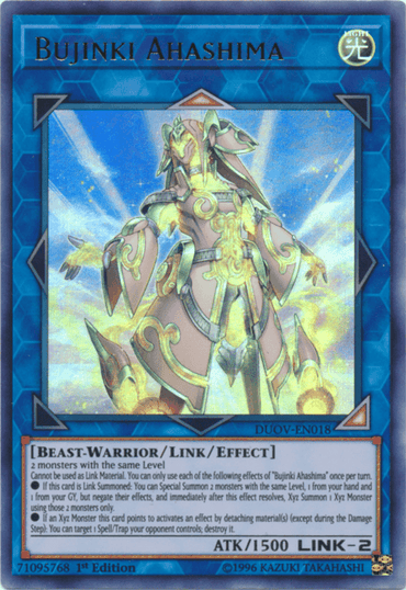 A Yu-Gi-Oh! trading card titled "Bujinki Ahashima [DUOV-EN018] Ultra Rare" from Duel Overload. It features a humanoid figure clad in golden armor with a dragon-like motif, standing against a blue background with beams of light. This Light Link/Effect Monster has 1500 ATK, a Link-2 rating, and various effects listed.