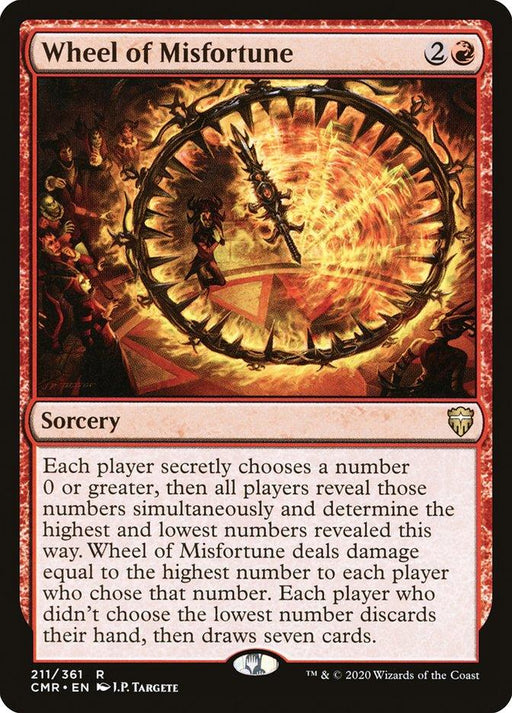 The image is a Wheel of Misfortune [Commander Legends] Magic: The Gathering card. This rare sorcery features a fiery wheel with spikes and chains. The red spell costs 2R, and its text details choosing numbers, revealing them, and dealing damage based on the highest number. Card number 211/361.