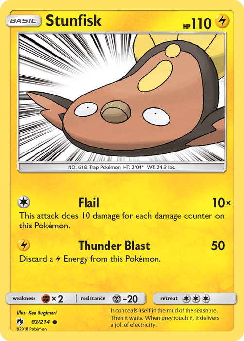 A Pokémon Stunfisk (83/214) [Sun & Moon: Lost Thunder] card. It's a yellow, flat fish with a shocked expression and two brown spots. As a Lightning type, it features "Flail" and "Thunder Blast" attacks, 110 HP, and weaknesses/resistances at the bottom. This Common rarity card is numbered 83/214 and illustrated by Ken Sugim