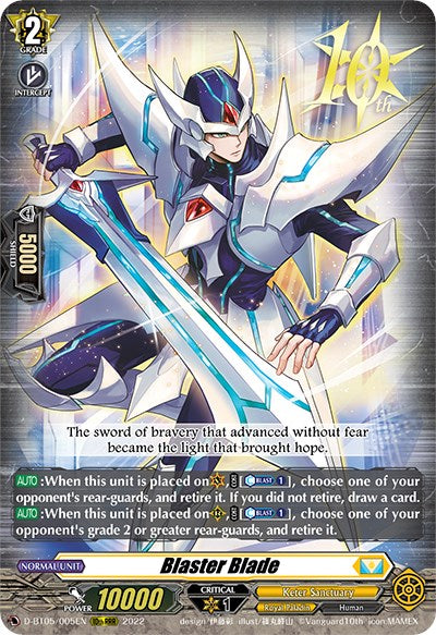 The Blaster Blade (D-BT05/005EN) [Triumphant Return of the Brave Heroes] trading card by Bushiroad features a Triple Rare Royal Paladin from the Keter Sanctuary, showcasing a futuristic knight in silver armor with blue accents, wielding a glowing sword. His abilities and stats are detailed: Grade 2, power 10000, critical 1. A decorative emblem commemorating the Vanguard series' 10th anniversary adorns the top right.