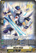 The Blaster Blade (D-BT05/005EN) [Triumphant Return of the Brave Heroes] trading card by Bushiroad features a Triple Rare Royal Paladin from the Keter Sanctuary, showcasing a futuristic knight in silver armor with blue accents, wielding a glowing sword. His abilities and stats are detailed: Grade 2, power 10000, critical 1. A decorative emblem commemorating the Vanguard series' 10th anniversary adorns the top right.