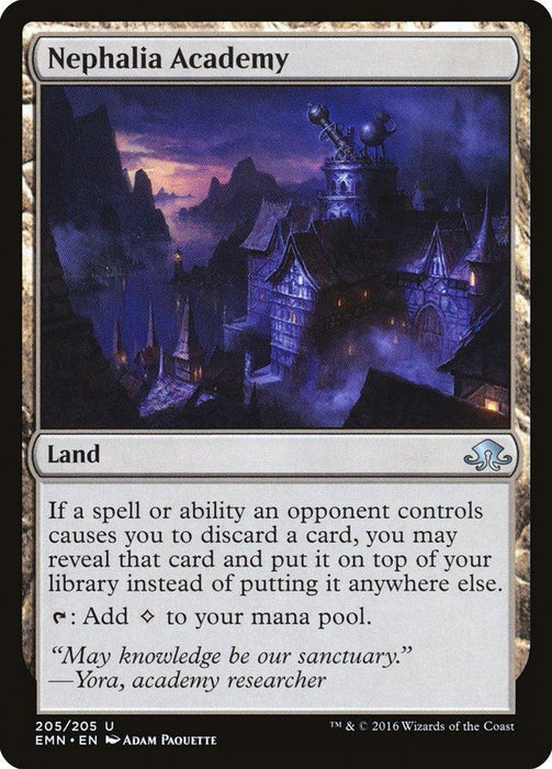 A Magic: The Gathering card titled "Nephalia Academy [Eldritch Moon]." This uncommon land card, featured in the Eldritch Moon set, showcases artwork of a dark, Gothic-style building with multiple pointed towers against a night sky. Its ability lets players reveal a discarded card and place it atop their library.