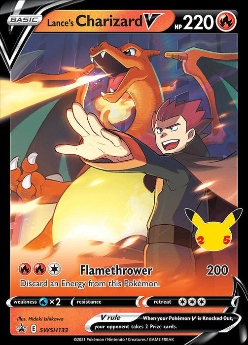 A Pokémon card features Lance's Charizard V (SWSH133) (Celebrations) [Sword & Shield: Black Star Promos] from the Pokémon series. Lance, clad in a black and red outfit, stands with his fiery companion, Charizard. Both exude confidence as Charizard breathes fire. The card details show HP 220, attack move "Flamethrower" with 200 damage, and a Pikachu icon with 25 from the Sword & Shield: Black Star Promos.