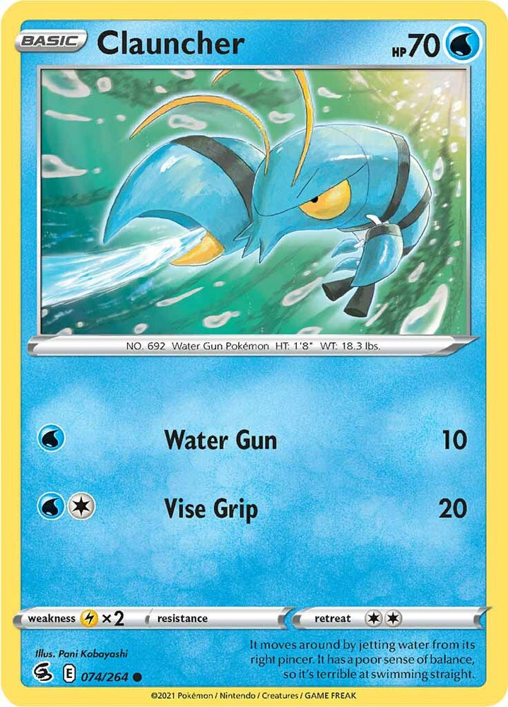 The Clauncher (074/264) Pokémon card from the Sword & Shield: Fusion Strike series showcases an image of Clauncher, a blue shrimp-like creature, swimming underwater with a determined expression. This Water Type card exhibits 70 HP and includes two moves: Water Gun (10 damage) and Vise Grip (20 damage), along with stats for weakness, resistance, and retreat cost displayed at the bottom.