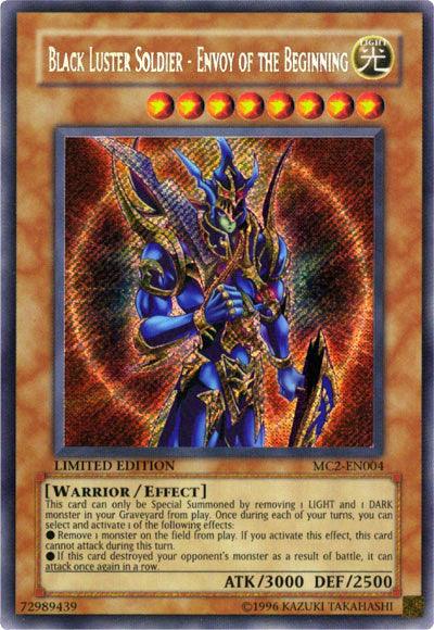 Yu-Gi-Oh! card depicting Black Luster Soldier - Envoy of the Beginning [MC2-EN004] Secret Rare. The Secret Rare card features a blue-armored warrior wielding a glowing sword. It's a Limited Edition Effect Monster with 3000 ATK and 2500 DEF, which can be Special Summoned. Card effects and summoning conditions are written below the image.

