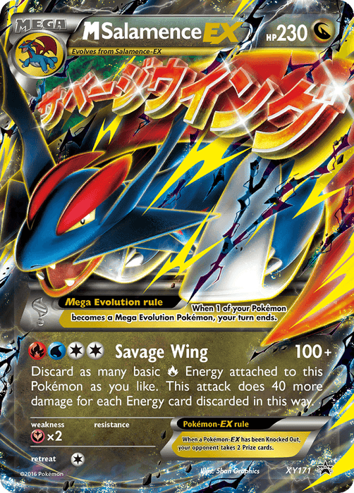 A Pokémon trading card of M Salamence EX (XY171) [XY: Black Star Promos]. The card features colorful, dynamic artwork of Mega Salamence in mid-flight with blazing wings. It lists the attack “Savage Wing” and describes its effects and energy cost. This Dragon-type promo is part of the Black Star Promos series, marked as XY171.