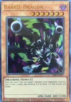 A Yu-Gi-Oh! card titled Barrel Dragon [LART-EN037] Ultra Rare. The Ultra Rare card features an illustrated, mechanical dragon with three barrels for heads, set against a dark, abstract background. The Effect Monster's attributes, ATK 2600 and DEF 2200, along with its effect description and unique card code, are displayed at the bottom.