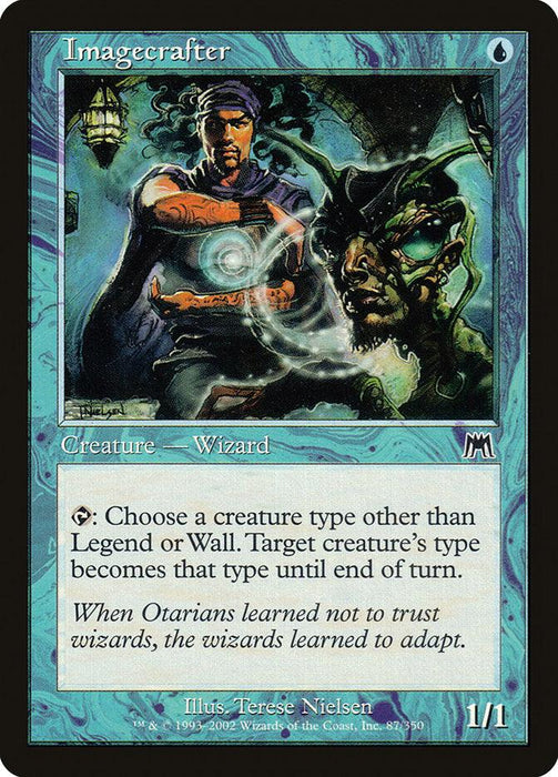 A card from Magic: The Gathering titled "Imagecrafter [Onslaught]." This Human Wizard, from the Onslaught set, features detailed artwork of a wizard casting a spell with blue and green magical energy swirling from his hands. It has a black border, a turquoise frame, and text explaining its ability to change a target creature's type.