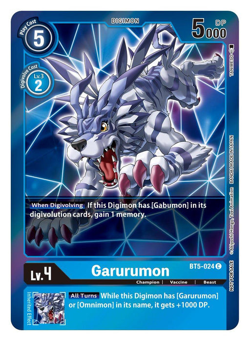 The image depicts a Digimon card featuring Garurumon [BT5-024] (Event Pack 2) [Battle of Omni]. Garurumon is shown as a fierce, wolf-like Vaccine Digimon with sharp claws and icy blue fur. The Level 4, Champion card details its abilities and stats, including a play cost of 5, DP of 5000, and digivolution cost of 2.