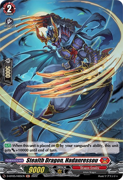 A fantasy card from Bushiroad's "Triumphant Return of the Brave Heroes" set depicts a fierce dragon warrior with intricate armor and glowing blue energy. The Abyss Dragon wields two sharp, curved swords. Text on the holo-card includes the name "Stealth Dragon, Hadanressou (D-BT05/H05EN)," stats, and abilities, highlighting its +10000 power boost ability.