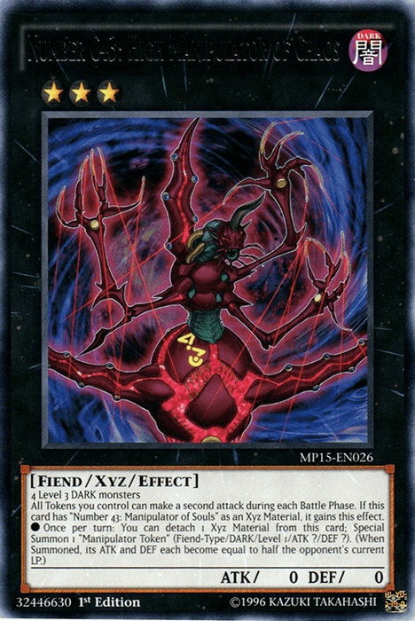 A Yu-Gi-Oh! card titled "Number C43: High Manipulator of Chaos [MP15-EN026] Rare" from the 2015 Mega-Tins Mega Pack showcases a dark red, insect-like Xyz/Effect Monster with long limbs and glowing blue joints, set against a swirling, dark background. The card's details and stats are indicated below the image.
