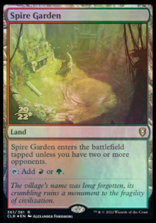 Spire Garden from Magic: The Gathering's Commander Legends: Battle for Baldur's Gate Prerelease Promos is a rare land card that enters tapped unless you have two or more opponents. It adds one red or green mana, with Alexander Forsberg's art showcasing mystical forest ruins.