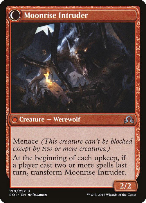 A trading card titled "Village Messenger // Moonrise Intruder [Shadows over Innistrad]" from the game Magic: The Gathering. It depicts a menacing werewolf with glowing eyes in a dark forest. The card features the text: "Menace. At the beginning of each upkeep, if a player cast two or more spells last turn, transform Moonrise Intruder." This red 2/2 creature is as cunning as Village Messenger.