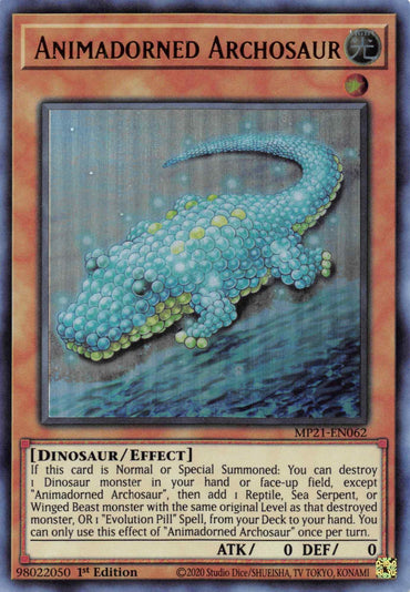 The Yu-Gi-Oh! "Animadorned Archosaur [MP21-EN062] Ultra Rare" card features a dinosaur-like Effect Monster made of vibrant bubbles, floating against a soft background with holographic details enhancing its game abilities.