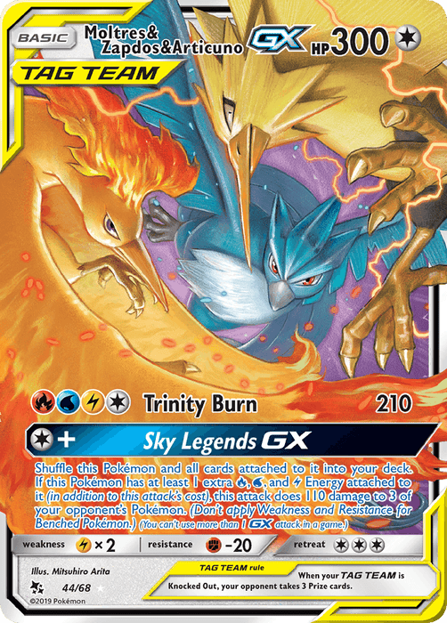 This Moltres & Zapdos & Articuno GX (44/68) [Sun & Moon: Hidden Fates] from the Pokémon set features Moltres, Zapdos, and Articuno in a dynamic action pose with flames, electricity, and ice surrounding them. With 300 HP, an attack named "Trinity Burn," and a special "Sky Legends GX" move, it's a Tag Team GX card with vibrant, detailed artwork.