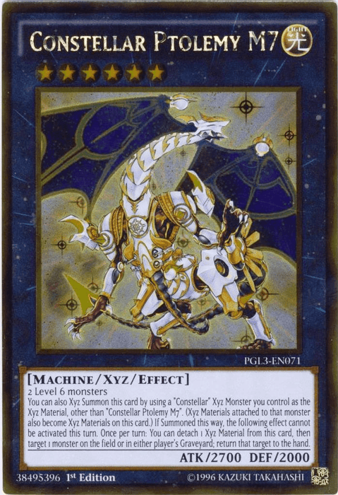 A Yu-Gi-Oh! trading card titled "Constellar Ptolemy M7 [PGL3-EN071] Gold Rare," a Gold Rare Xyz/Effect Monster. The card features futuristic armor-clad warriors on a mechanical horse against a cosmic backdrop. It includes detailed game effects, attack/defense points, card number PGL3-EN071, and text describing how to utilize the card in gameplay.