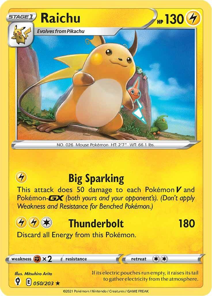 Pokémon trading card from the Sword & Shield: Evolving Skies series featuring Raichu (050/203) [Sword & Shield: Evolving Skies] with 130 HP. The Holo Rare card includes an image of Raichu standing on a green, grassy hill under a cloudy sky. Its attacks are 