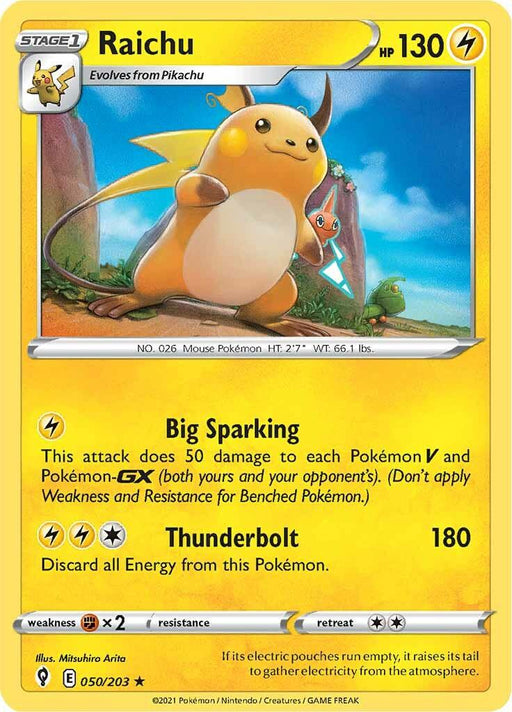 Pokémon trading card from the Sword & Shield: Evolving Skies series featuring Raichu (050/203) [Sword & Shield: Evolving Skies] with 130 HP. The Holo Rare card includes an image of Raichu standing on a green, grassy hill under a cloudy sky. Its attacks are "Big Sparking" and "Thunderbolt." Weakness to Fighting type moves. Illustrated by Misuhiro Arita. Card number 50