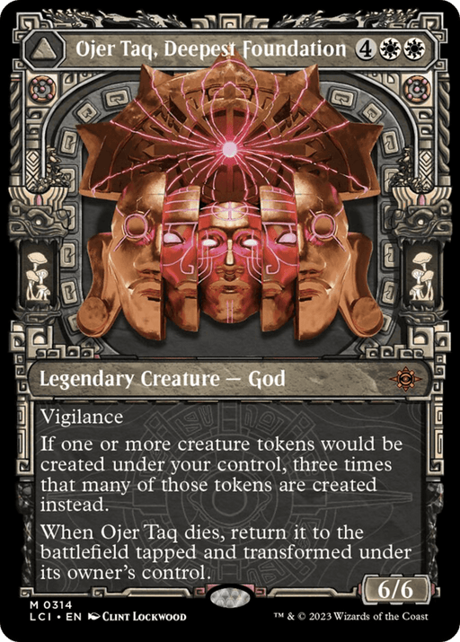 A Magic: The Gathering card titled "Ojer Taq, Deepest Foundation // Temple of Civilization (Showcase) [The Lost Caverns of Ixalan]." This Mythic card features an elaborate, symmetrical mask with glowing pink eyes and decorative elements. It costs 4 generic and 2 white mana, has vigilance, and includes abilities related to creature tokens and revival upon death. It is a 6/6 Legendary Creature — God.