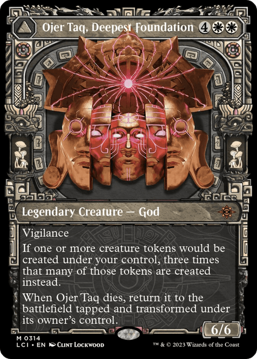 The image displays a Magic: The Gathering card titled "Ojer Taq, Deepest Foundation // Temple of Civilization (Showcase) [The Lost Caverns of Ixalan]." It features an intricate, symmetrical design with a face resembling a stone mask adorned with ornamental patterns. The Mythic card is a Legendary Creature – God with a mana cost of 4 black and 4 white. It has Vigilance, and its abilities involve creating creature tokens in multiples and a transformation effect.