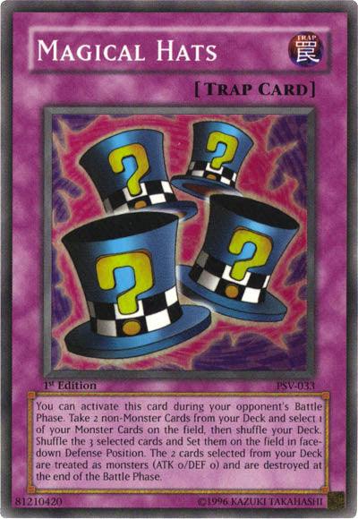 Image of a Yu-Gi-Oh! trading card named "Magical Hats [PSV-033] Super Rare." This Super Rare Normal Trap Card from the Pharaoh's Servant set features a purple border. The artwork showcases three magician's hats, each adorned with a question mark. The text at the bottom details its effect of shuffling and setting cards from your deck onto the field.