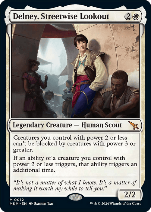 A Magic: The Gathering card titled "Delney, Streetwise Lookout [Murders at Karlov Manor]." It depicts a confident figure in a white shirt, black vest, and colorful sash standing in front of a wall. Other individuals in the background seem to engage in various activities. This Mythic Legendary Creature - Human Scout has a power/toughness of 2/2 and enhances creature control and ability triggers. The quote