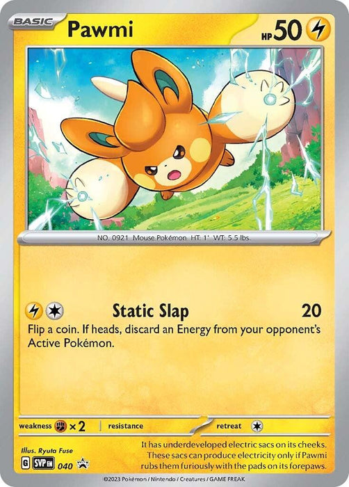 Pokémon Pawmi (040) [Scarlet & Violet: Black Star Promos] card displaying a mouse-like creature in mid-jump with electricity coming from its cheeks. Pawmi has 50 HP and its move is "Static Slap" for 20 damage. The card, from the Scarlet & Violet series, has yellow borders, basic type, and lightning symbol, referencing game and illustration credits.