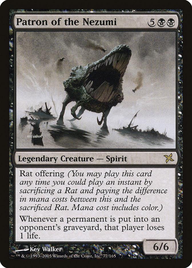 Patron of the Nezumi [Betrayers of Kamigawa]" from Magic: The Gathering is a card that showcases a spectral rat creature. This 6/6 Legendary Creature - Spirit features the "Rat offering" ability, causing opponents to lose 1 life whenever one of their permanents goes to the graveyard.