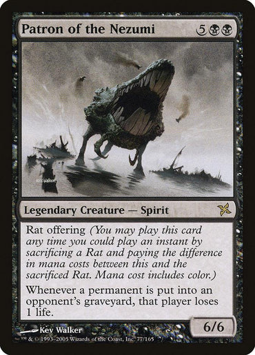 Patron of the Nezumi [Betrayers of Kamigawa]" from Magic: The Gathering is a card that showcases a spectral rat creature. This 6/6 Legendary Creature - Spirit features the "Rat offering" ability, causing opponents to lose 1 life whenever one of their permanents goes to the graveyard.