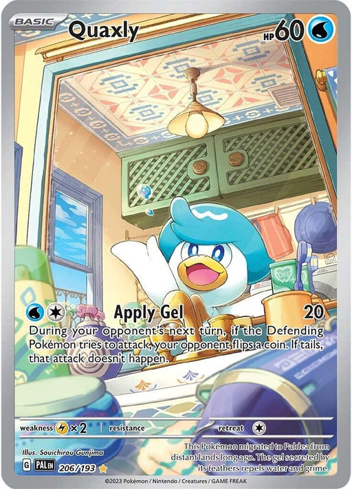 A Pokémon trading card featuring Quaxly (206/193) [Scarlet & Violet: Paldea Evolved], showcasing this blue, duck-like Water Type character in a kitchen setting. Quaxly has 60 HP and its move "Apply Gel" deals 20 damage. The card is an Illustration Rare with whimsical details like kitchen items and green-tiled walls in the background.