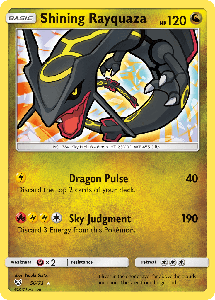 A Shining Rayquaza (56/73) [Sun & Moon: Shining Legends] Pokémon card with 120 HP. The card has a yellow border and features an image of Rayquaza with a black body and golden accents, flying in front of a radiant background. Part of the Shining Legends series, this Ultra Rare card has the moves Dragon Pulse and Sky Judgment, along with various symbols and stats at the bottom.