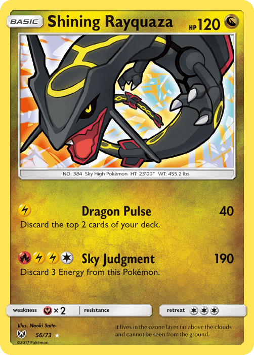 A Shining Rayquaza (56/73) [Sun & Moon: Shining Legends] Pokémon card with 120 HP. The card has a yellow border and features an image of Rayquaza with a black body and golden accents, flying in front of a radiant background. Part of the Shining Legends series, this Ultra Rare card has the moves Dragon Pulse and Sky Judgment, along with various symbols and stats at the bottom.