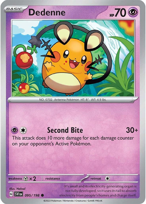 A **Pokémon** trading card featuring **Dedenne (095/198) [Scarlet & Violet: Base Set]**, a small mouse-like creature with large ears, a round orange body, and a yellow halo-like structure behind its head. The card details include "Hp 70," "Second Bite - 30+" as an attack, and is identified as number 095/198. Part of the Scarlet & Violet series, it showcases the psychic type symbol.