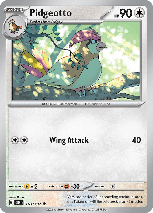 Image of a Pokémon Pidgeotto (163/197) [Scarlet & Violet: Obsidian Flames] card. This Colorless, Uncommon card shows Pidgeotto, a bird Pokémon with colorful plumage, perched on a branch amidst sun-dappled leaves. It has 90 HP, Wing Attack dealing 40 damage, and details its evolution, weight, and height. Card number: 163/197.

