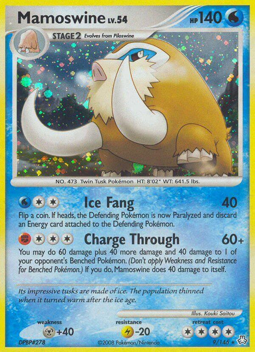 A rare Pokémon card from the Legends Awakened series featuring Mamoswine, a large, mammoth-like creature with tusks, fur, and a pig-like snout. The water-type card shows Mamoswine with 140 HP and details its moves: "Ice Fang" (40 damage) and "Charge Through" (60+ damage). This card is holographic. The [Pokémon] product name is Mamoswine (9/146) (Theme Deck Exclusive) [Diamond & Pearl: Legends Awakened].