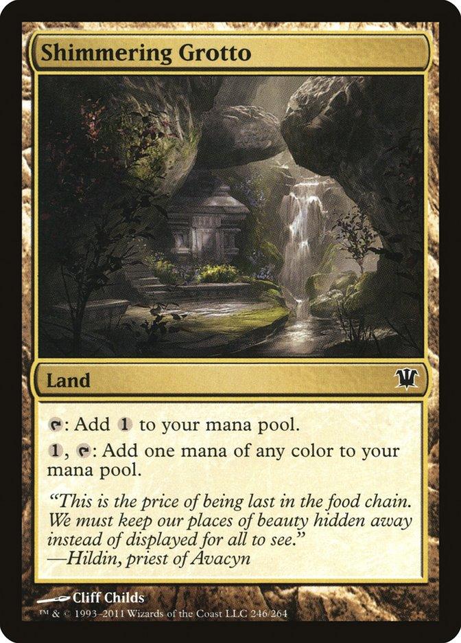 The Magic: The Gathering card, Shimmering Grotto [Innistrad], illustrates a peaceful land in Innistrad where a waterfall flows into a calm pool. A moss-covered stone structure, partially concealed by trees, enhances its enigmatic charm. The card text features mana abilities and includes a flavor quote by Hildin, Priest of Avacyn.