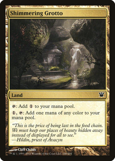 The Magic: The Gathering card, Shimmering Grotto [Innistrad], illustrates a peaceful land in Innistrad where a waterfall flows into a calm pool. A moss-covered stone structure, partially concealed by trees, enhances its enigmatic charm. The card text features mana abilities and includes a flavor quote by Hildin, Priest of Avacyn.