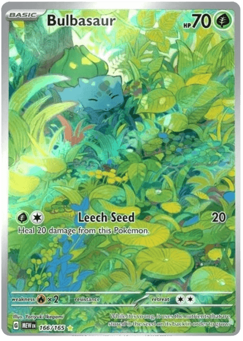 A Bulbasaur (166/165) [Scarlet & Violet: 151] card from Pokémon is shown. This Illustration Rare card depicts Bulbasaur surrounded by lush, green foliage. It features the attack "Leech Seed," dealing 20 damage and healing 20 from this Grass-type Pokémon. Card details: Weakness ×2, retreat cost 1, number 166/165.
