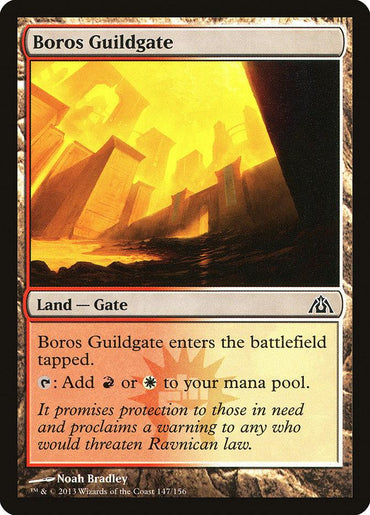 In "Magic: The Gathering," the card Boros Guildgate [Dragon's Maze] showcases a vivid image of impressive architecture bathed in light. This "Land — Gate" card allows players to add red or white mana to their pool and includes flavor text highlighting its role as a safeguard within the legalistic world of Ravnica, echoing themes from the Dragon's Maze set.