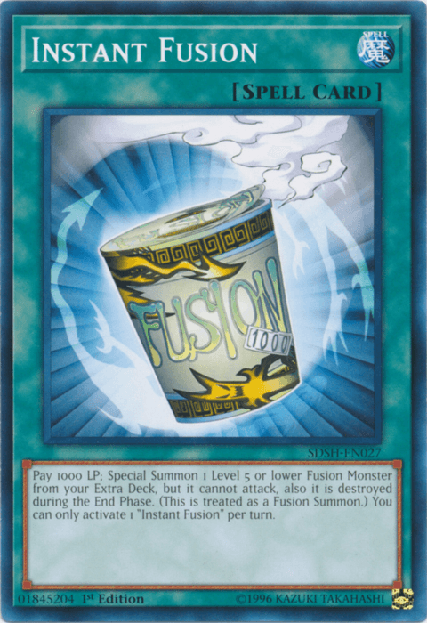 An "Instant Fusion [SDSH-EN027] Common" Yu-Gi-Oh! Normal Spell card featuring an illustration of a steaming cup labeled "FUSION" with "1000" printed below. The card text explains its effect and summoning conditions. Its border is the typical blue for spell cards, and its set code is SDSH-EN027 from Structure Deck: Shaddoll Showdown.