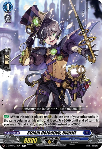 Image of a trading card titled "Steam Detective, Uvaritt (D-BT01/073EN) [Genesis of the Five Greats]" from the Cardfight Vanguard series by Bushiroad. The character, adorned in colorful clothing and purple hair, wields a sword and sports a monocle. Striking a dramatic pose, he declares, "Entering the labyrinth? That's my cue!" This card belongs to the “Dark States” attribute from the Genesis of the Five Greats expansion.