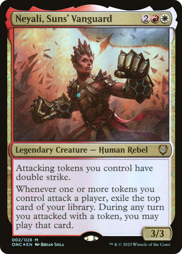 A card from the Magic: The Gathering set Phyrexia: All Will Be One Commander features Neyali, Suns' Vanguard, a Legendary Creature depicted with 