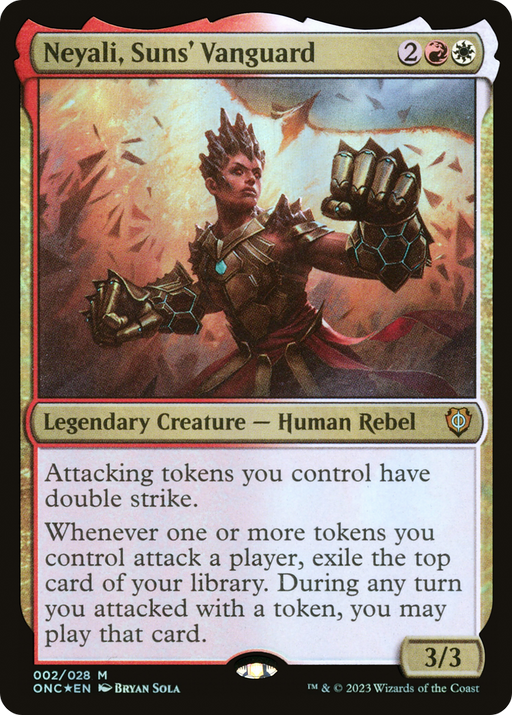 A card from the Magic: The Gathering set Phyrexia: All Will Be One Commander features Neyali, Suns' Vanguard, a Legendary Creature depicted with "Human Rebel" in bold text. Neyali stands out with her spiked hair and armor adorned with glowing orange accents, raising a fist. The card details her double strike abilities related to attacking tokens and exiling cards. Power/toughness: 3/3.