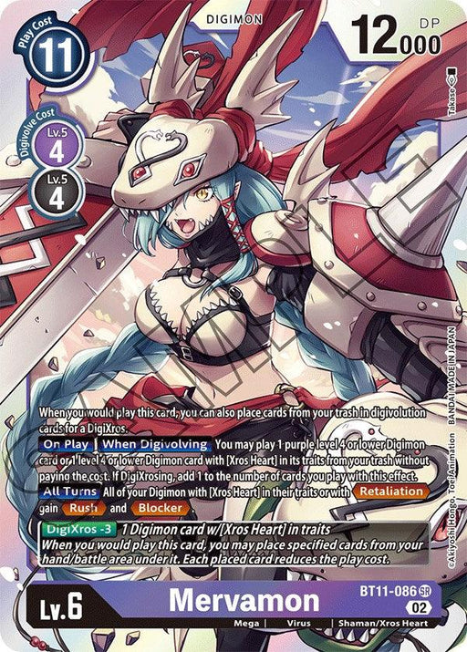 An elaborate Digimon trading card featuring Mervamon [BT11-086] [Dimensional Phase], a Mega-level Digimon with 12,000 DP. The card details its play costs, digivolution requirements from the Dimensional Phase set, and special abilities like "Rush," "Blocker," and the ability to gain "Retaliation." The art depicts Mervamon in a dynamic stance with armor and sword. Text boxes provide