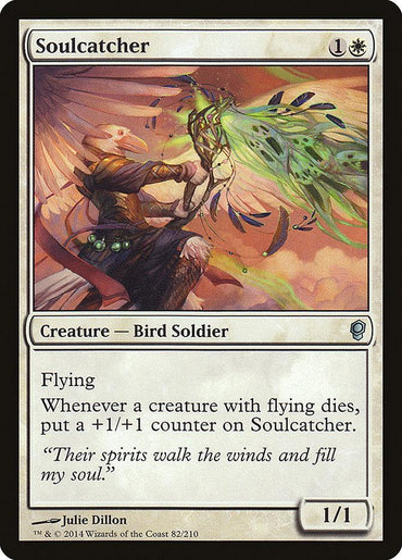 Soulcatcher [Conspiracy] from Magic: The Gathering is a trading card showcasing a Bird Soldier with wings outstretched, wielding a green glowing weapon. Requiring 1 white mana and 1 colorless mana to cast, it has power/toughness of 1/1. Its ability grants you +1/+1 counters whenever a flying creature dies.